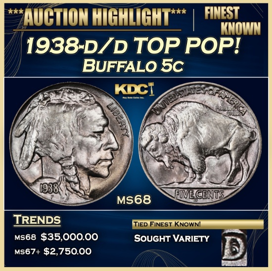 1938-d/d Buffalo Nickel TOP POP! 5c ms68 SEGS