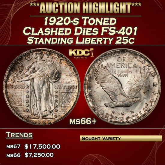 1920-s Standing Liberty Quarter Toned Clashed Dies FS-401 25c ms66+ SEGS