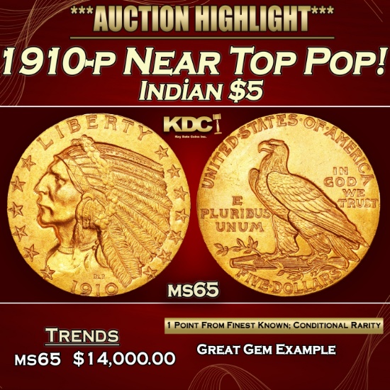 1910-p Gold Indian Half Eagle Near Top Pop! $5 ms65 USCG