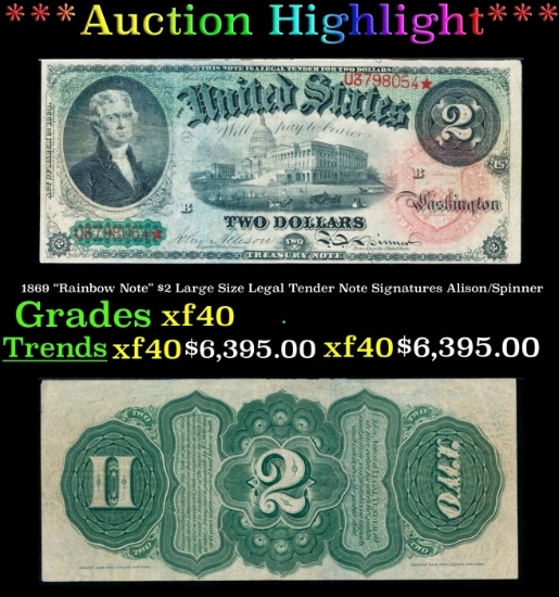 1869 $2 Large Size Legal Tender Note "Rainbow Note" Grades xf Signatures Alison/Spinner