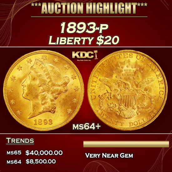 1893-p Gold Liberty Double Eagle $20 ms64+ SEGS