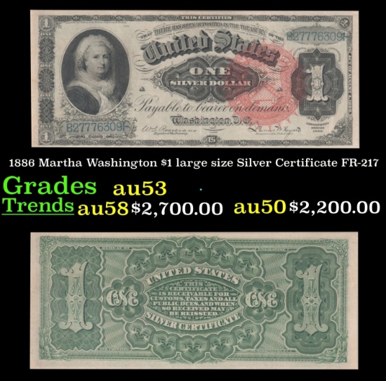 1886 $1 large size Silver Certificate Martha Washington Grades Select AU FR-217