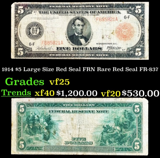 1914 $5 Large Size Red Seal FRN Rare Red Seal Grades vf+ FR-837
