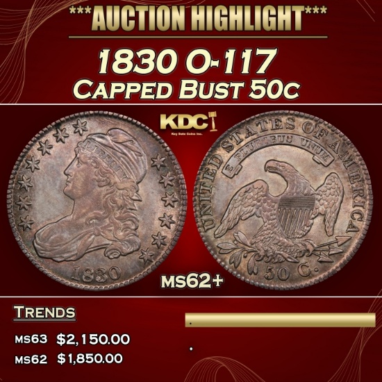 1830 Capped Bust Half Dollar O-117 50c ms62+ USCG