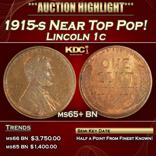 1915-s Lincoln Cent Near Top Pop! 1c ms65+ BN SEGS