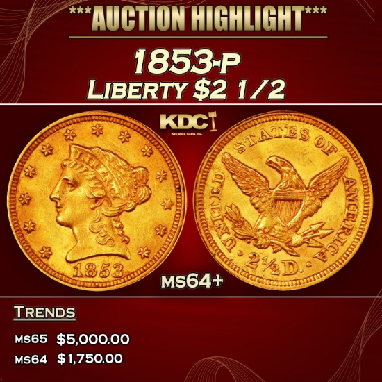 1853-p Gold Liberty Quarter Eagle $2 1/2 ms64+ SEGS