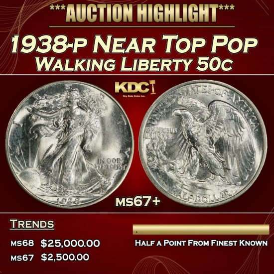 1938-p Walking Liberty Half Dollar Near Top Pop 50c ms67+ SEGS