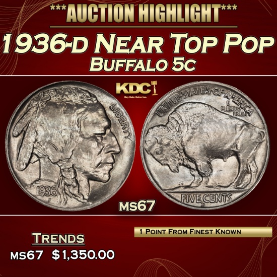 1936-d Buffalo Nickel Near Top Pop 5c ms67 SEGS