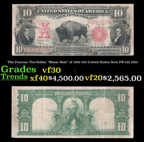 The $10 United States Note Famous Ten-Dollar "Bison Note" of 1901 FR-122 Grades vf++ 1901