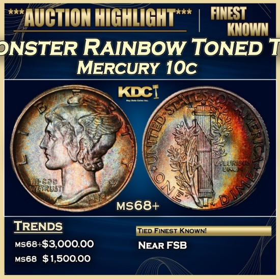 1938-p Mercury Dime Monster Rainbow Toned TOP POP! 10c ms68+ SEGS