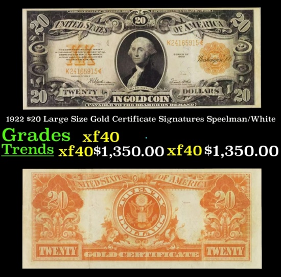1922 $20 Large Size Gold Certificate Grades xf Signatures Speelman/White