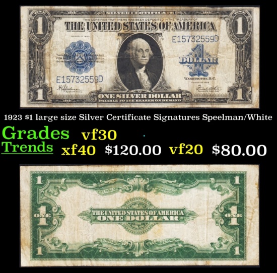 1923 $1 large size Silver Certificate Grades vf++ Signatures Speelman/White