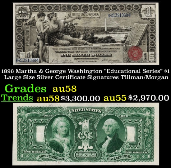 1896 $1 large size Silver Certificate Martha & George Washington "Educational Series" Grades Choice