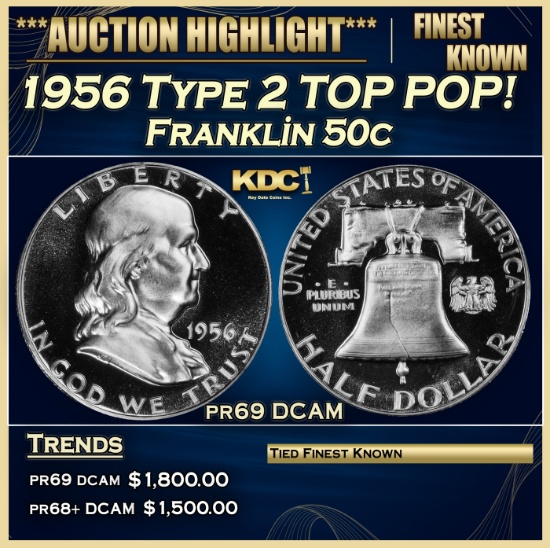 1956 Type 2 Proof Franklin Half Dollar TOP POP! 50c pr69 DCAM SEGS