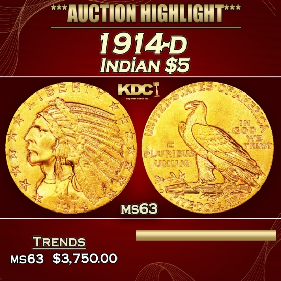 1914-d Gold Indian Half Eagle $5 ms63 USCG