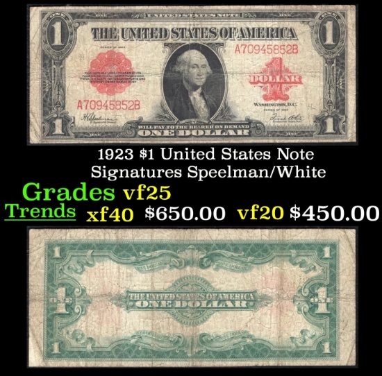 1923 $1 United States Note Grades vf+ Signatures Speelman/White