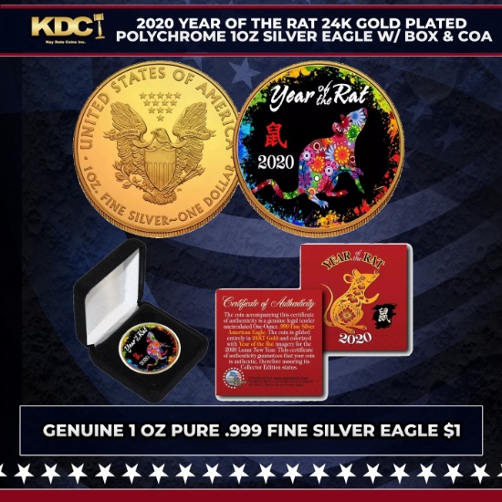 2020 Year of The Rat 24K Gold Plated Polychrome 1oz Silver Eagle w/ Box & COA Grades Other Toy