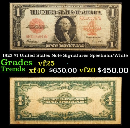 1923 $1 United States Note Grades vf+ Signatures Speelman/White