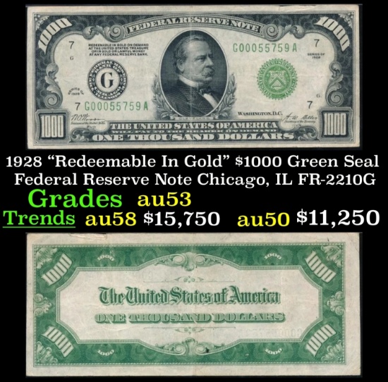 1928 $1000 Green Seal Federal Reserve Note "Redeemable In Gold" Chicago, IL Grades Select AU FR-2210