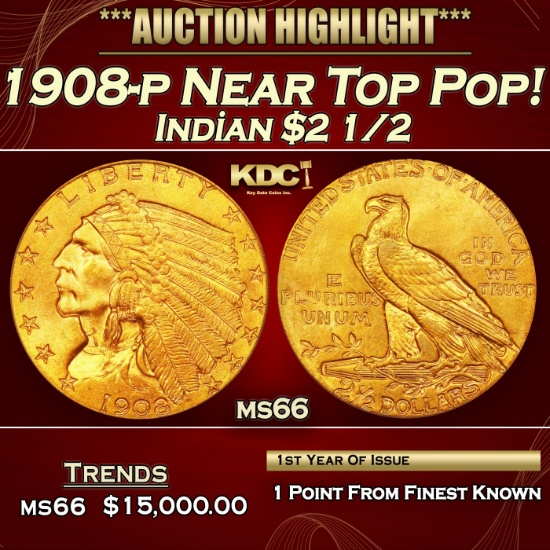 1908-p Gold Indian Quarter Eagle Near Top Pop! $2 1/2 ms66 USCG