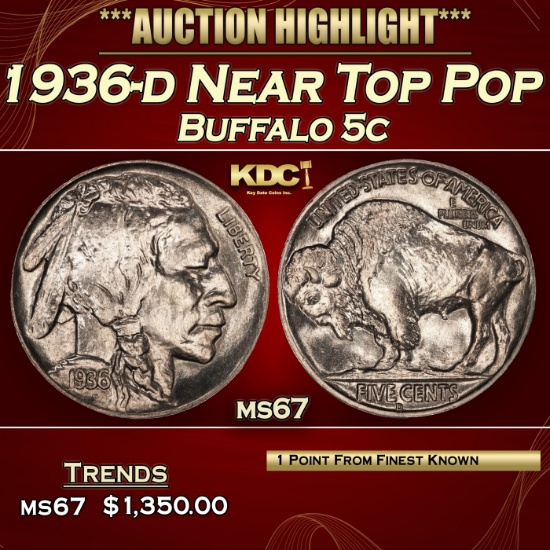 1936-d Buffalo Nickel Near Top Pop 5c ms67 SEGS