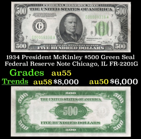 1934 $500 Green Seal Federal Reserve Note President McKinley Chicago, IL Grades Choice AU FR-2201G