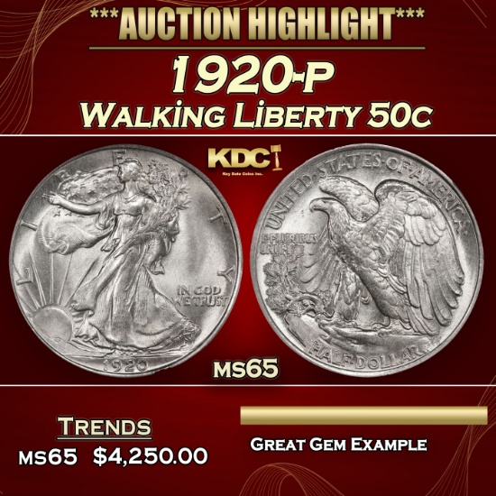 1920-p Walking Liberty Half Dollar 50c ms65 SEGS