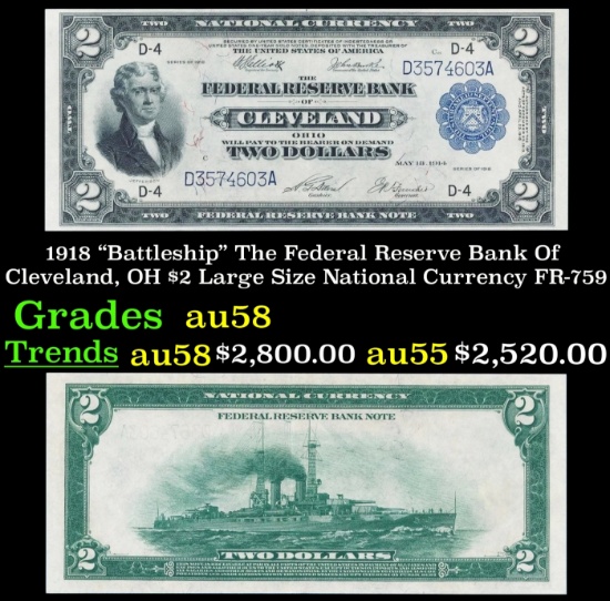 1918 $2 Large Size National Currency "Battleship" The Federal Reserve Bank Of Cleveland, OH Grades C