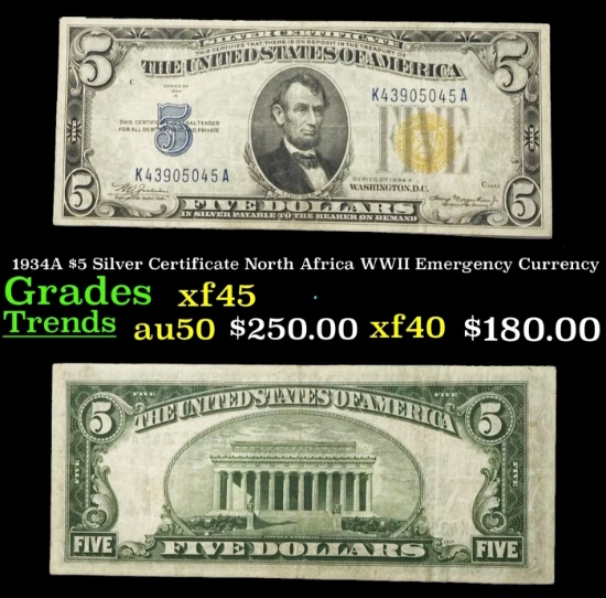 1934A $5 Silver Certificate North Africa WWII Emergency Currency Grades xf45