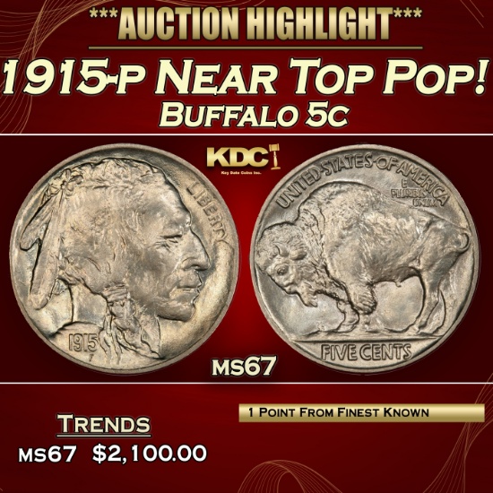 1915-p Buffalo Nickel Near Top Pop! 5c ms67 SEGS