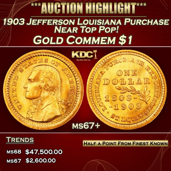 1903 Jefferson Louisiana Purchase Gold Commem Dollar Near Top Pop! 1 ms67+ SEGS
