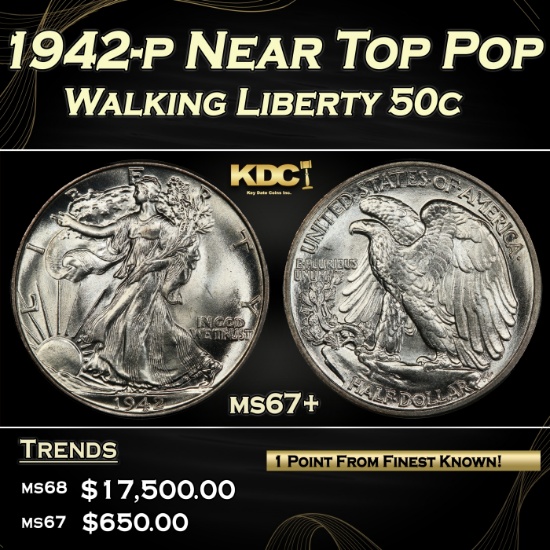 1942-p Walking Liberty Half Dollar Near Top Pop 50c ms67+ SEGS