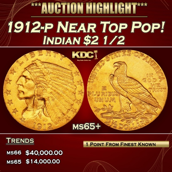 1912-p Gold Indian Quarter Eagle Near Top Pop! $2 1/2 ms65+ SEGS