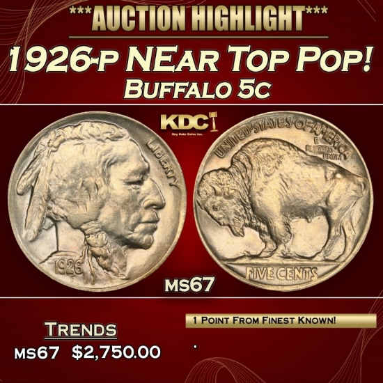 1926-p Buffalo Nickel NEar Top Pop! 5c ms67 SEGS