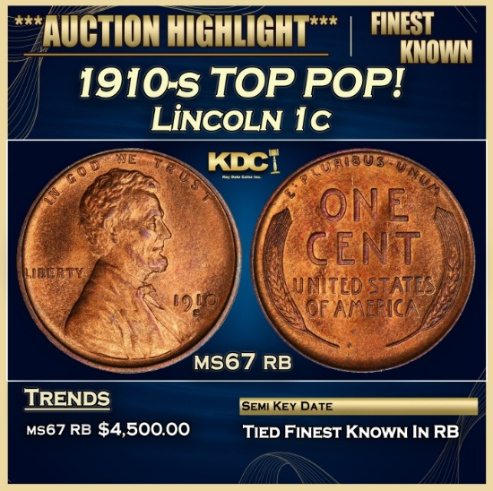 1910-s Lincoln Cent TOP POP! 1c ms67 rb SEGS