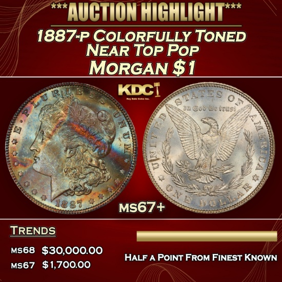1887-p Morgan Dollar Colorfully Toned Near Top Pop $1 ms67+ SEGS