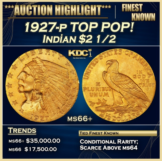 1927-p Gold Indian Quarter Eagle TOP POP! $2 1/2 ms66+ USCG
