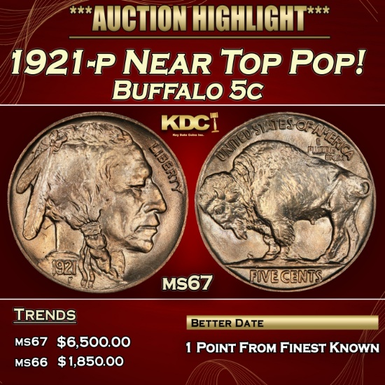 1921-p Buffalo Nickel Near Top Pop! 5c ms67 SEGS