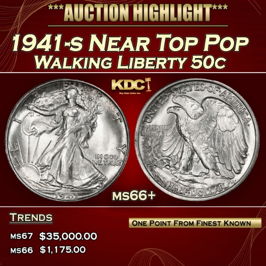 1941-s Walking Liberty Half Dollar Near Top Pop 50c ms66+ SEGS