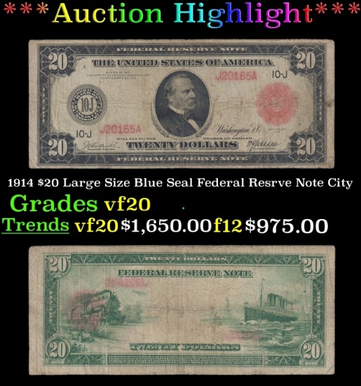 1914 $20 Large Size Blue Seal Federal Resrve Note Grades vf, very fine City