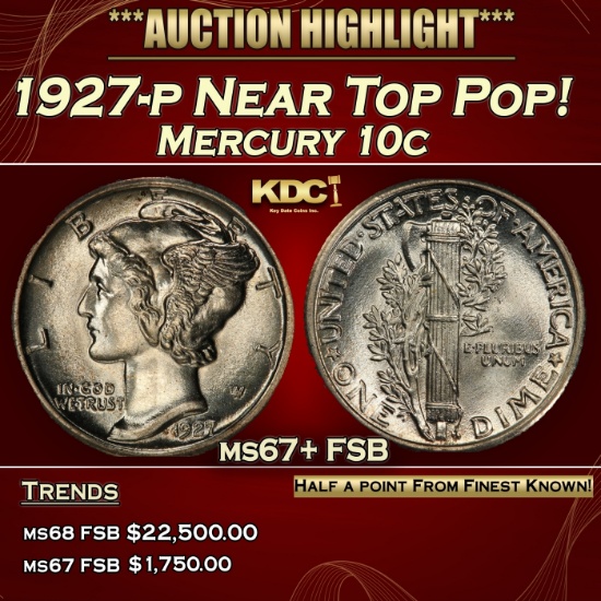 1927-p Mercury Dime Near Top Pop! 10c ms67+ FSB SEGS