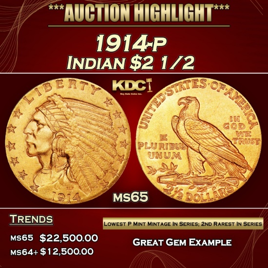1914-p Gold Indian Quarter Eagle $2 1/2 ms65 SEGS