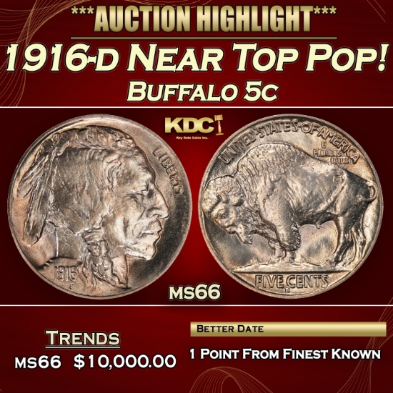 1916-d Buffalo Nickel Near Top Pop! 5c ms66 SEGS