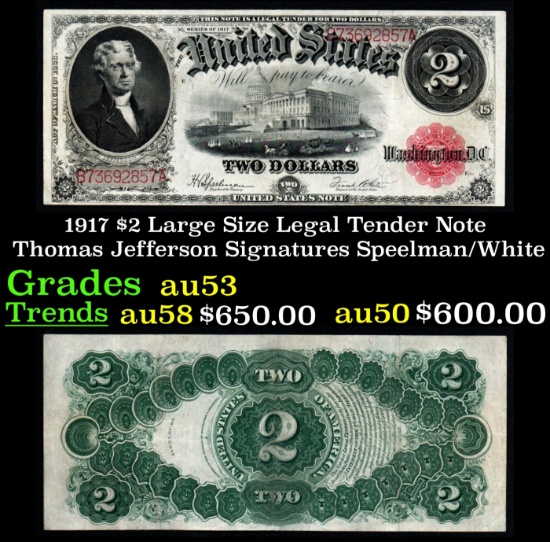 1917 $2 Large Size Legal Tender Note Thomas Jefferson Grades Select AU Signatures Speelman/White