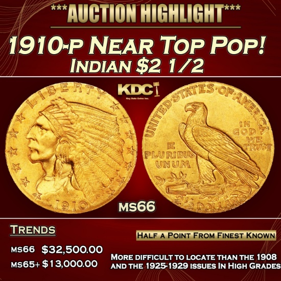 1910-p Gold Indian Quarter Eagle Near Top Pop! $2 1/2 ms66 USCG