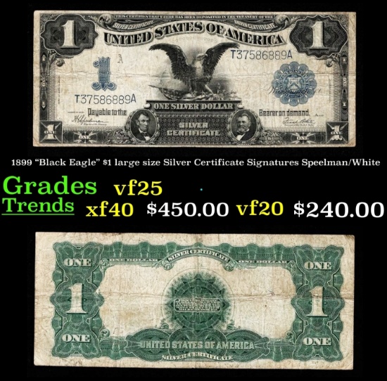 1899 $1 large size Silver Certificate "Black Eagle" Grades vf+ Signatures Speelman/White