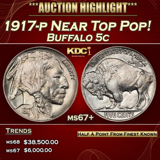 1917-p Buffalo Nickel Near Top Pop! 5c ms67+ SEGS