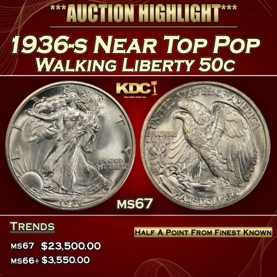1936-s Walking Liberty Half Dollar Near Top Pop 50c ms67 SEGS