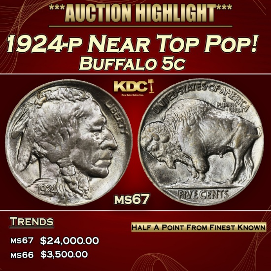 1924-p Buffalo Nickel Near Top Pop! 5c ms67 SEGS