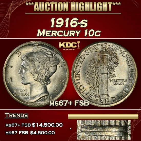 1916-s Mercury Dime 10c ms67+ FSB SEGS